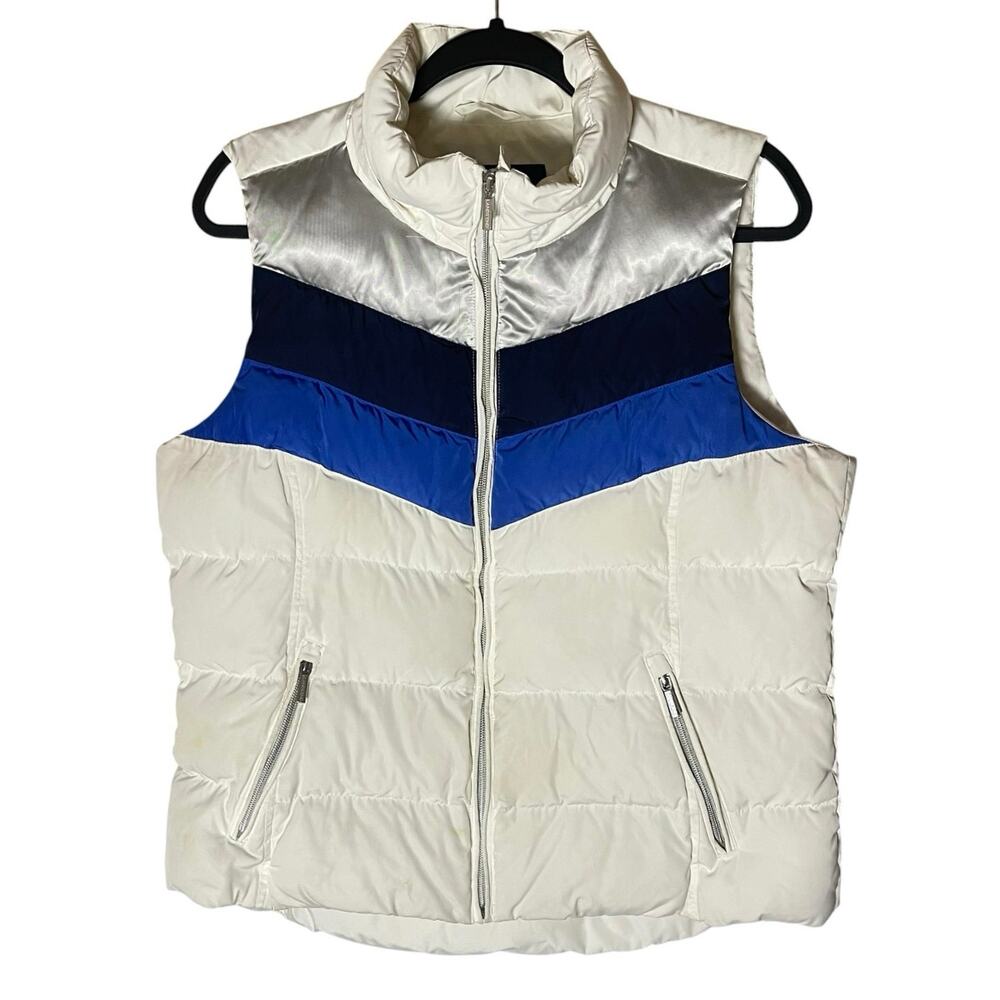 Lands’ End Down Puffer Vest White Blue Chevron Colorblock Size M